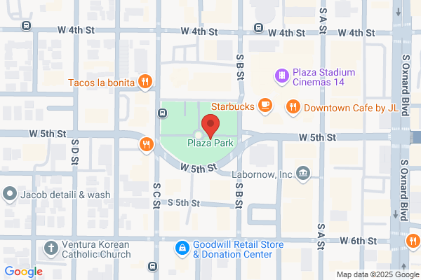 Map marking the location of the Downtown Oxnard Farmers Market at 5th & B Streets, Oxnard.
